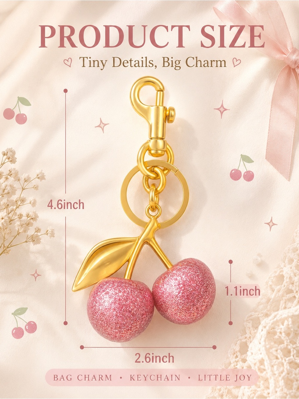Pink Glitter Cherry Bag Charm Keychain Purse Charm - Picture 2 of 2